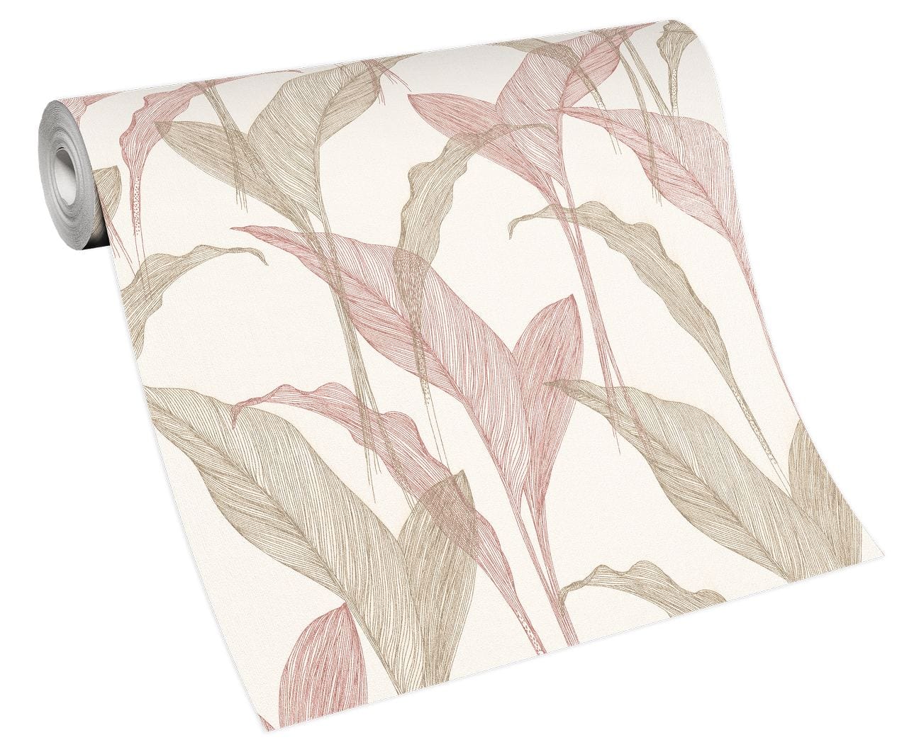  Smalkas botāniskās tapetes rozā, zelta un krēmkrāsas toņos ar lapu rakstu, 3711441, piemērs 4