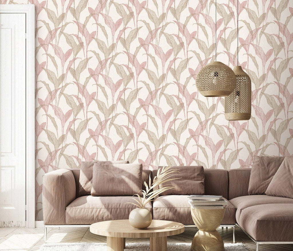  Smalkas botāniskās tapetes rozā, zelta un krēmkrāsas toņos ar lapu rakstu, 3711441, piemērs 3