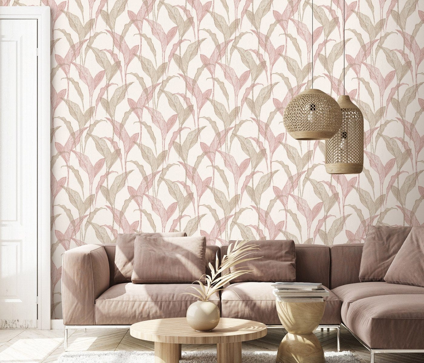  Smalkas botāniskās tapetes rozā, zelta un krēmkrāsas toņos ar lapu rakstu, 3711441, piemērs 3