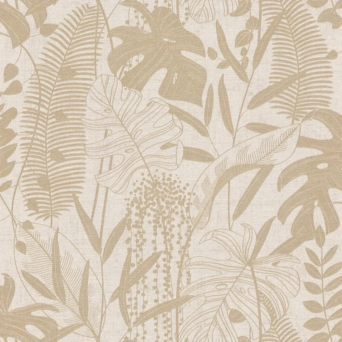 Bēšas tapetes ar teksturētu lapu ornamentu un spīdumu | 3012131