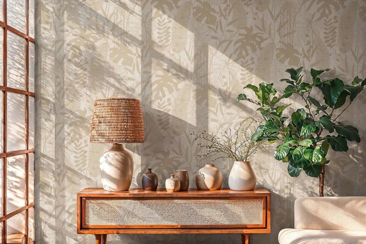 Bēšas botāniskā stila tapetes ar viegli teksturētām lapām harmoniskā guļamistabas interjerā. SKU: 3012131, AS Creation.