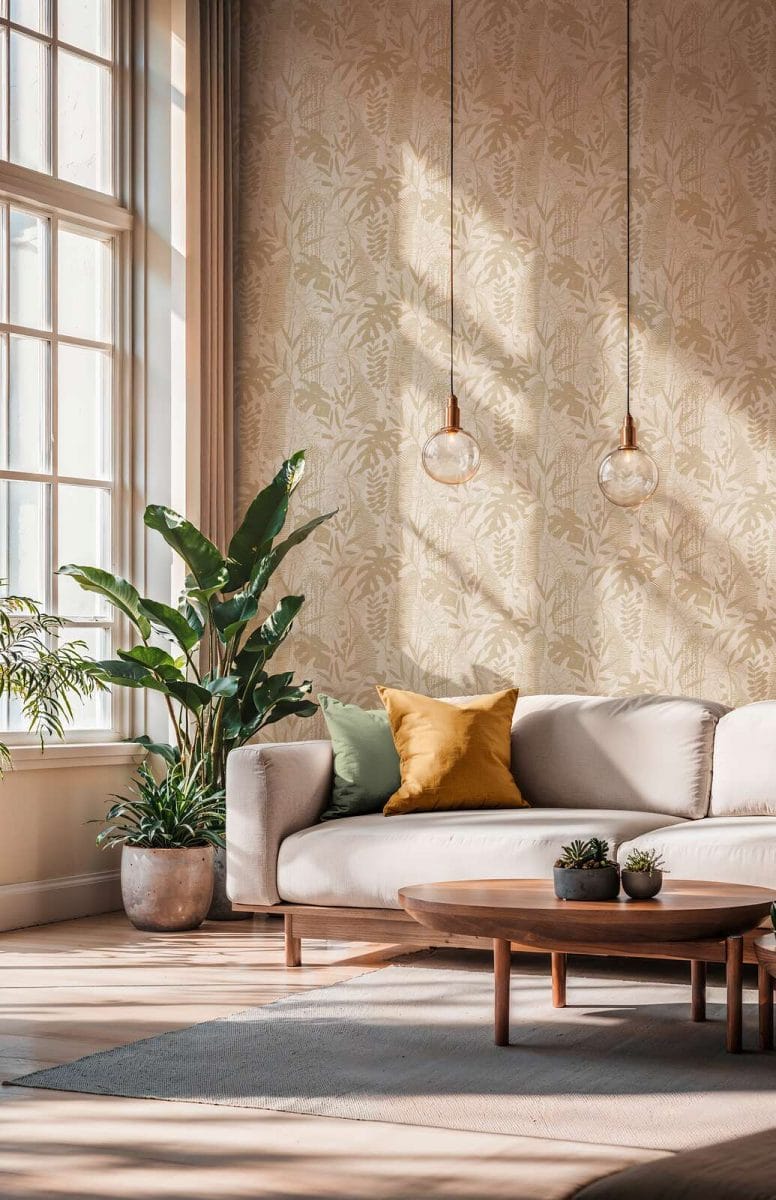 Bēšas tapetes ar teksturētu lapu ornamentu un spīdumu | 3012131