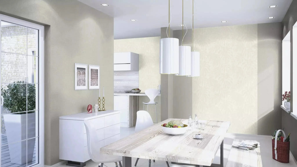 Flizelīna tapetes RASCH krēmīgi baltā krāsā ar tropiskām lapām, 653144, Welcome home