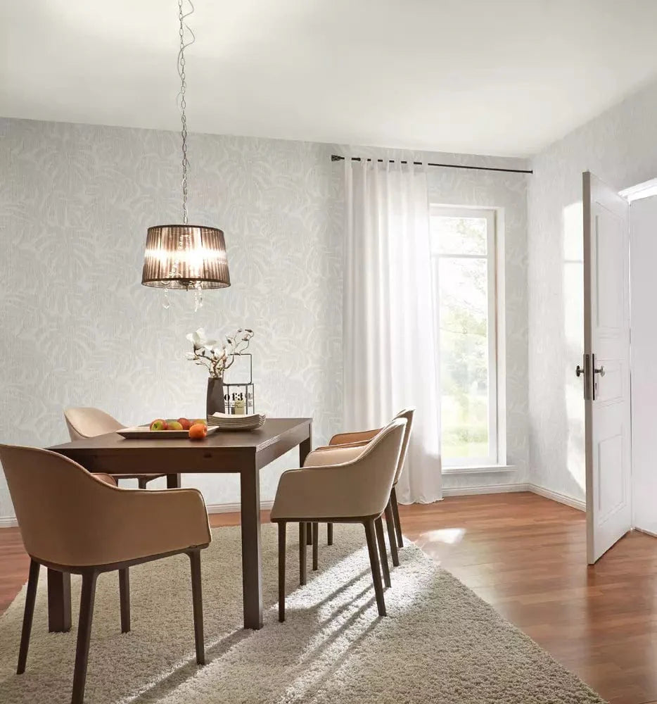 Flizelīna tapetes RASCH pelēkā krāsā ar tropiskām lapām, 653137, Welcome home