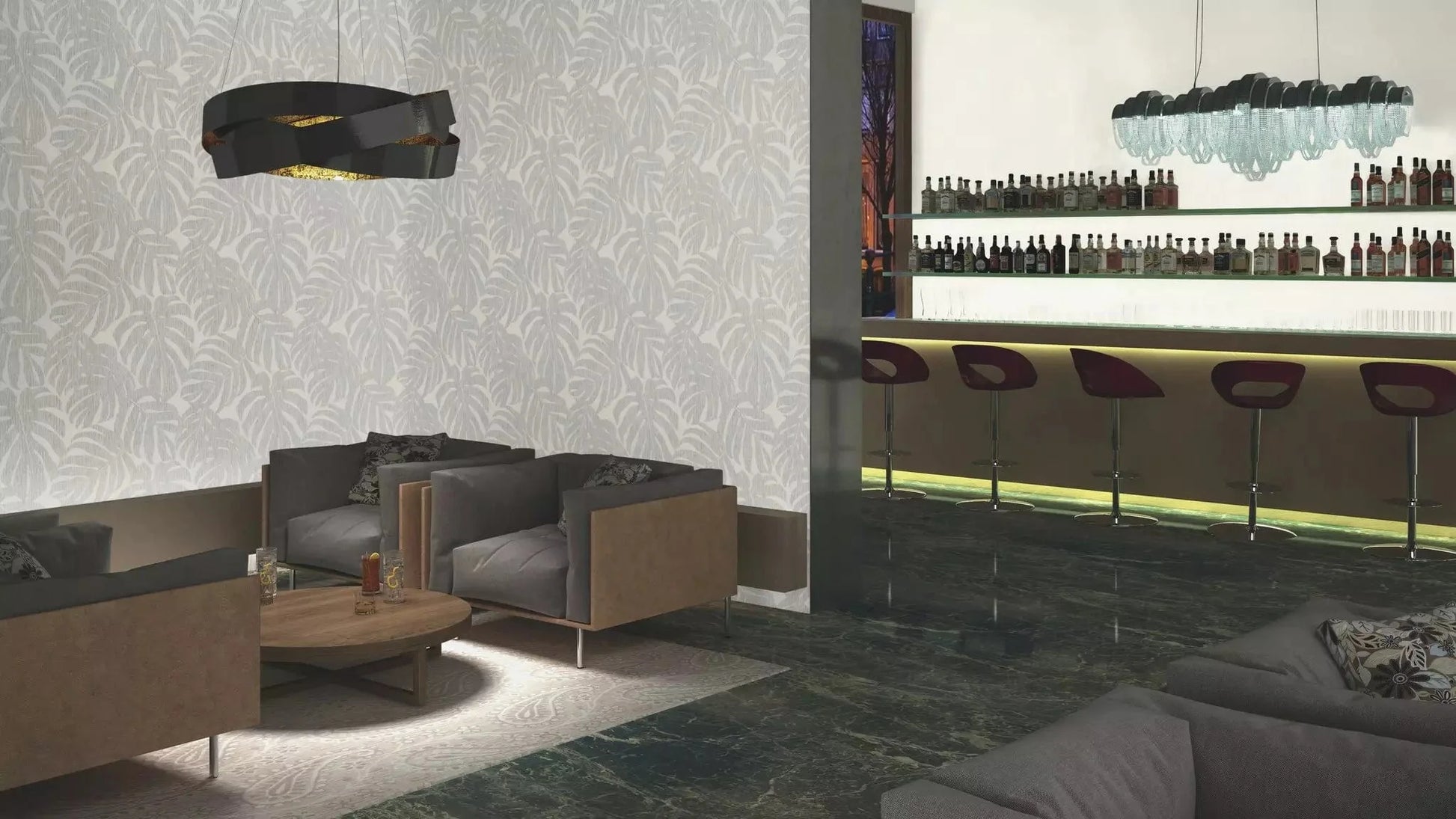 Flizelīna tapetes RASCH pelēkā krāsā ar tropiskām lapām, 653137, Welcome home