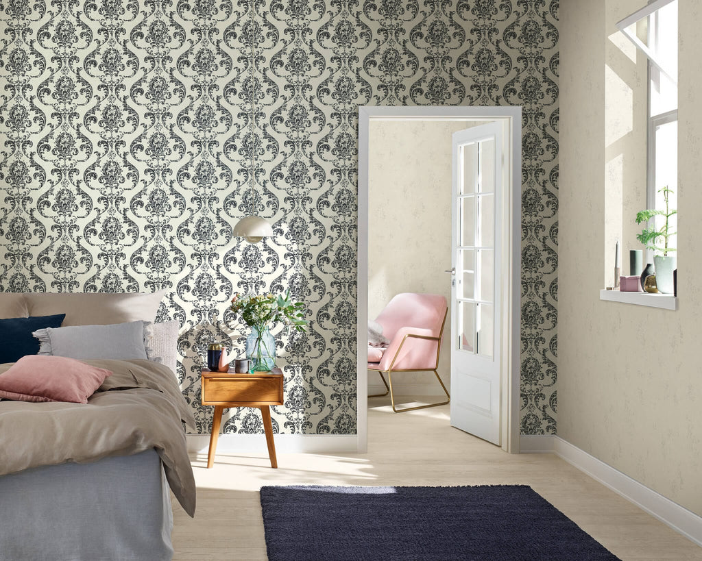 Melnbaltas tapetes RASCH ar elegantu ornamentu,315608, Color Your Life