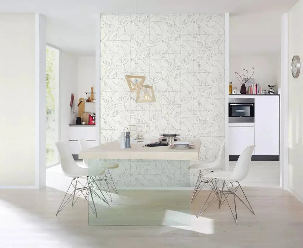 Flizelīna tapetes RASCH gaiši pelēkā krāsā ar grafisku dizainu, 653618, Welcome home