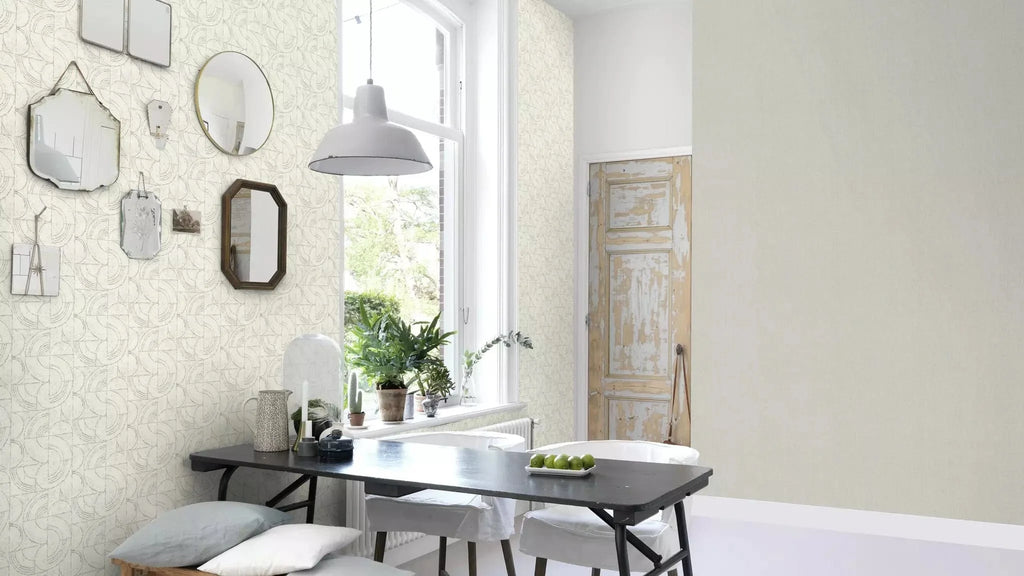 Flizelīna tapetes RASCH gaiši pelēkā krāsā ar grafisku dizainu, 653618, Welcome home