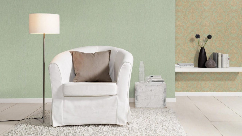 Klasiska ornamenta tapetes, zaļā un zeltā krāsā, RASCH, 570632, Trianon XIII