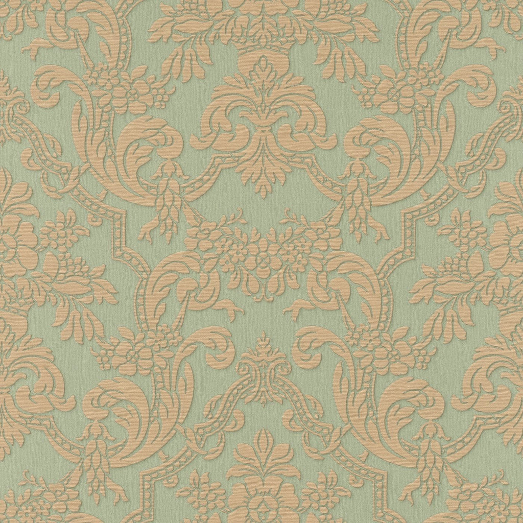 Klasiska ornamenta tapetes, zaļā un zeltā krāsā, RASCH, 570632, Trianon XIII
