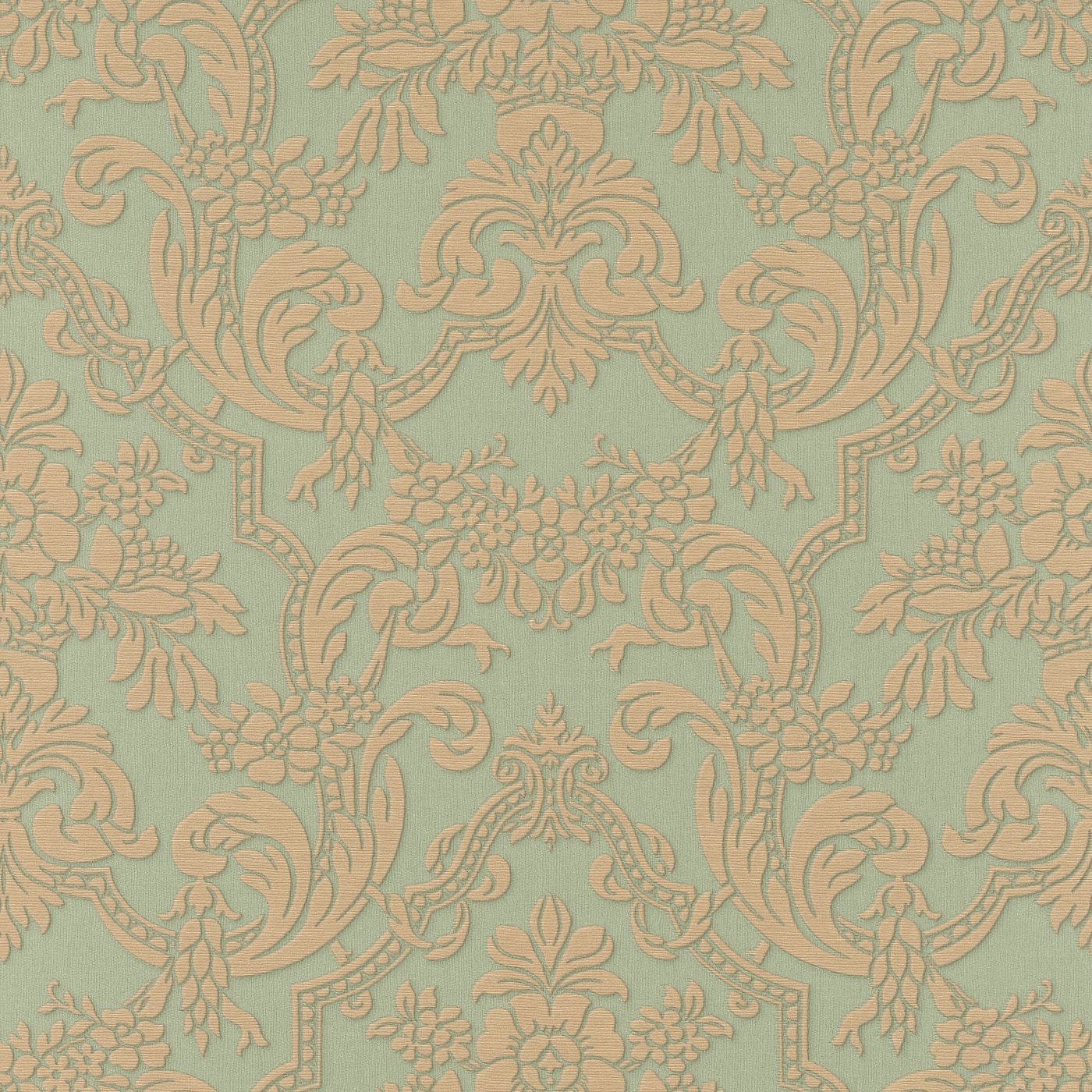 Klasiska ornamenta tapetes, zaļā un zeltā krāsā, RASCH, 570632, Trianon XIII