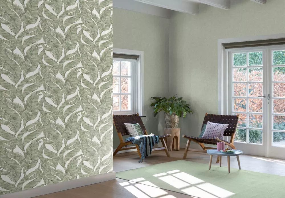 Flizelīna tapetes RASCH zaļā krāsā ar lapām, 653434, Welcome home