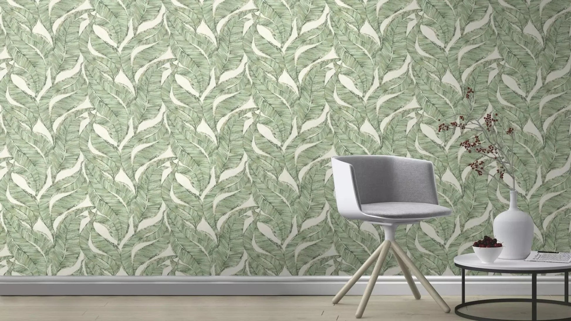 Flizelīna tapetes RASCH zaļā krāsā ar lapām, 653434, Welcome home