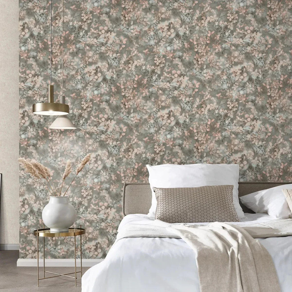 Tirkīza un krēmkrāsas vintage tapetes ar lapu motīvu interjerā – Erismann  