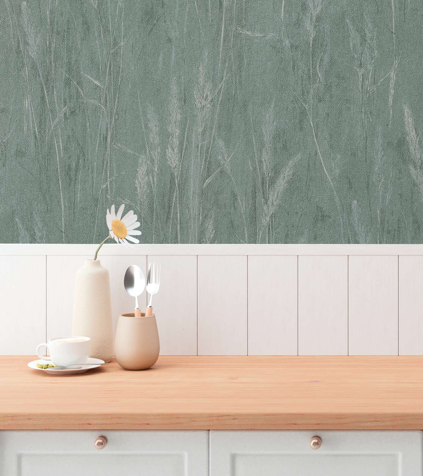 Zaļas teksturētas tapetes dabiskā izskatā relaksējošā viesistabas interjerā. SKU: 3010635, AS Creation.