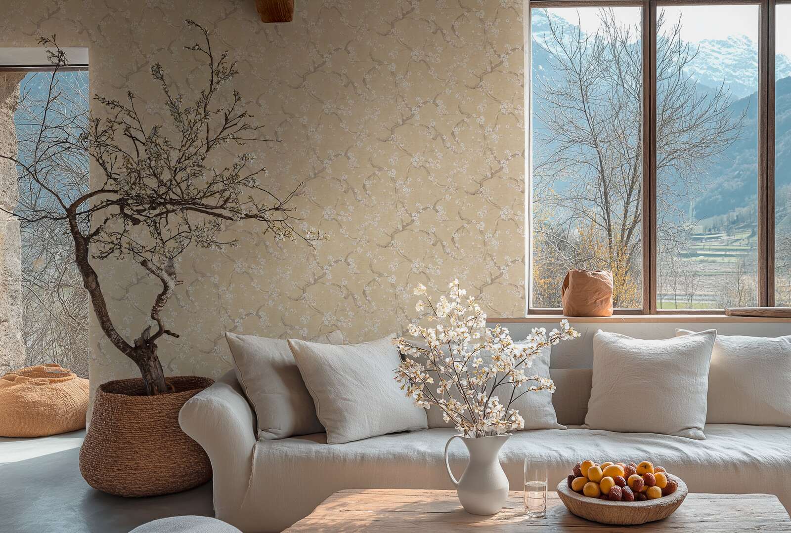 Bēšas tapetes ar ķiršu ziediem un smalku tekstūru dabiskā tonī - vizualizācija interjerā