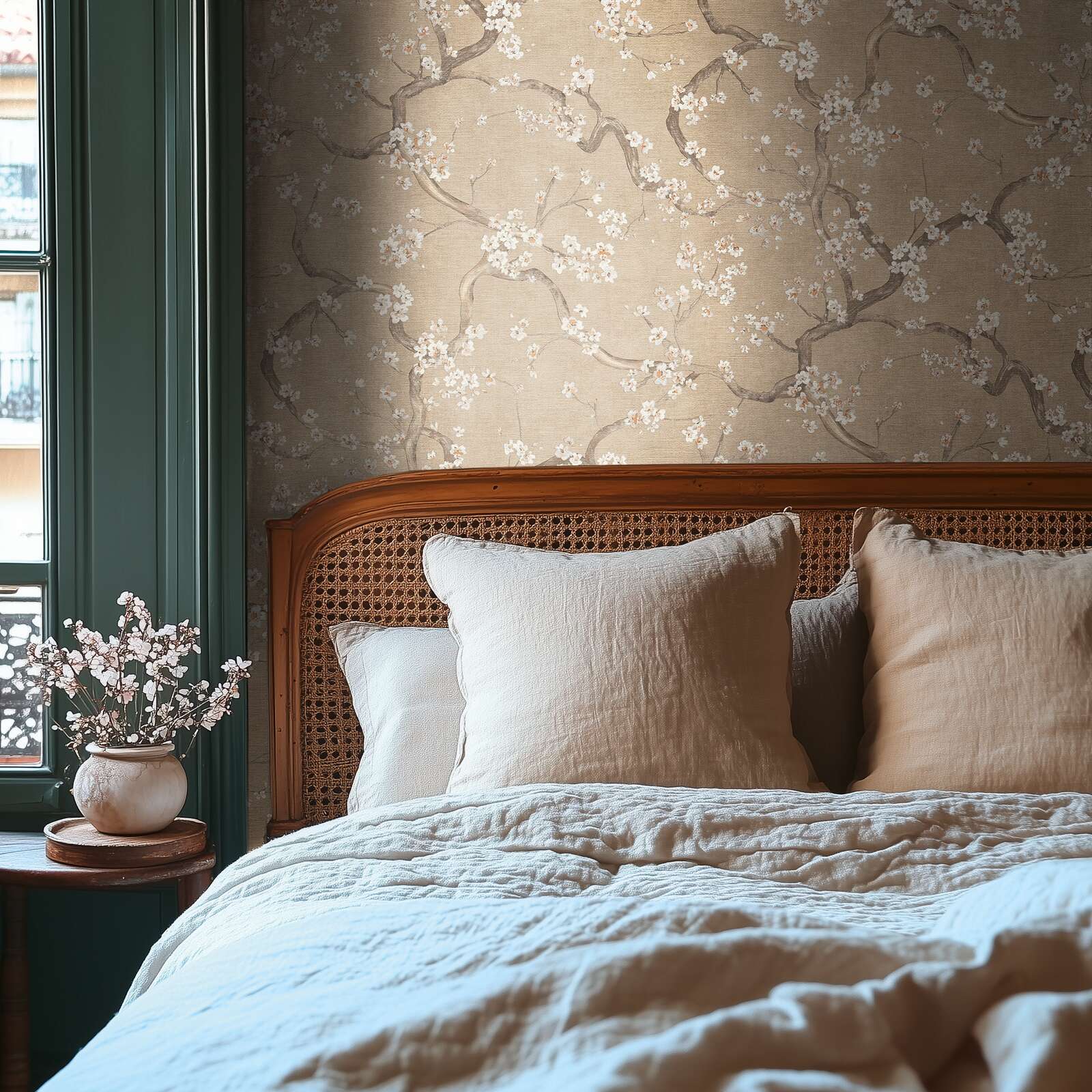 Bēšas tapetes ar ķiršu ziediem un smalku tekstūru dabiskā tonī - kombinācija ar mebelēm