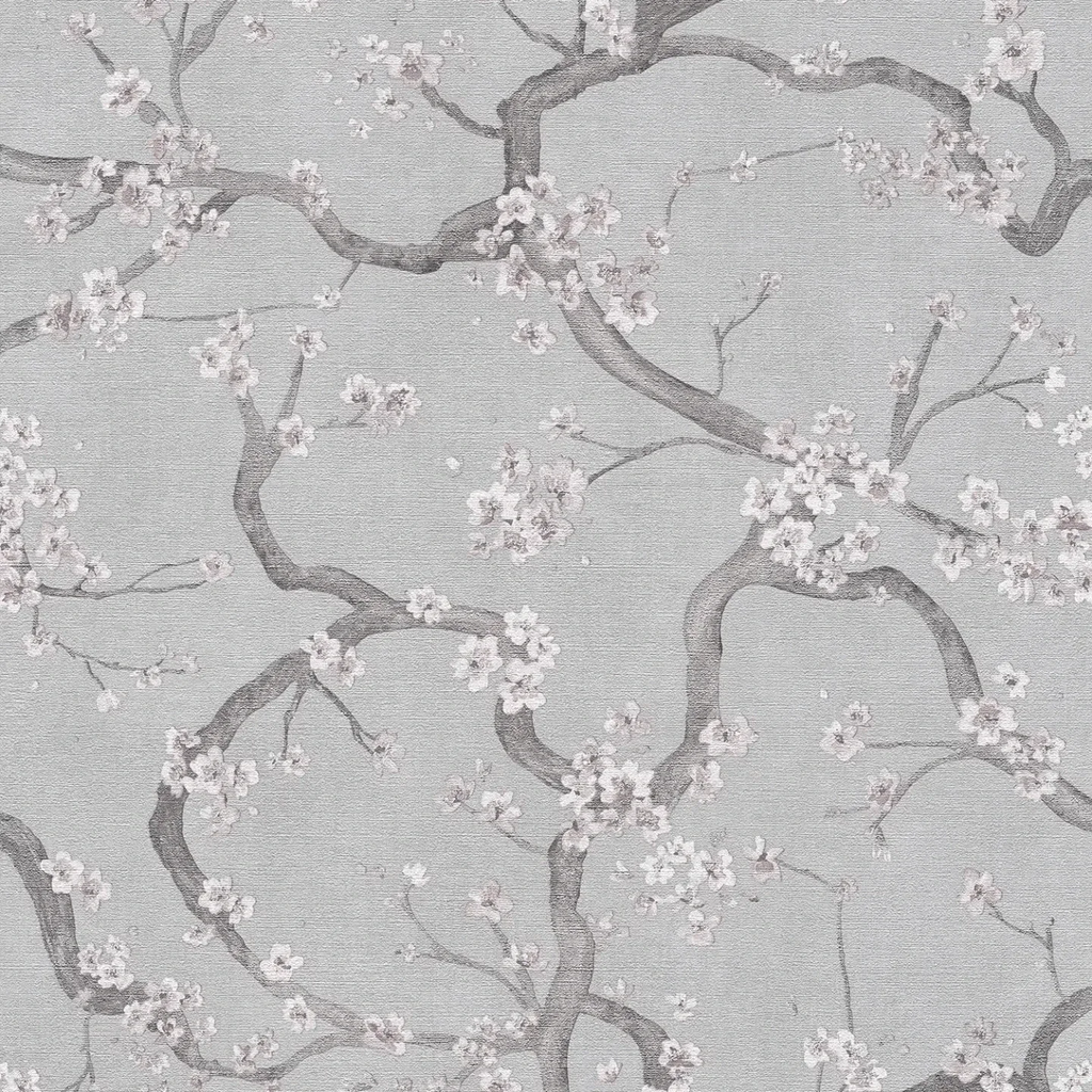 Pelēkas un rozā tapetes ar teksturētu virsmu un ķiršu ziediem - idejas interjerām