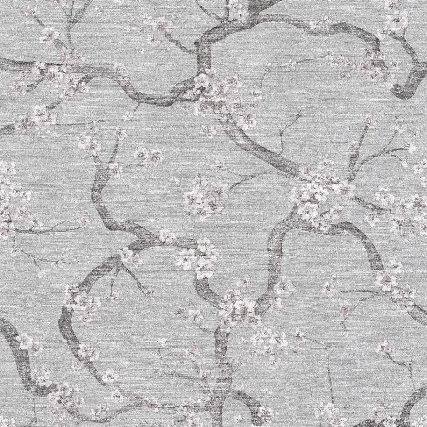 Pelēkas un rozā tapetes ar teksturētu virsmu un ķiršu ziediem - idejas interjerām
