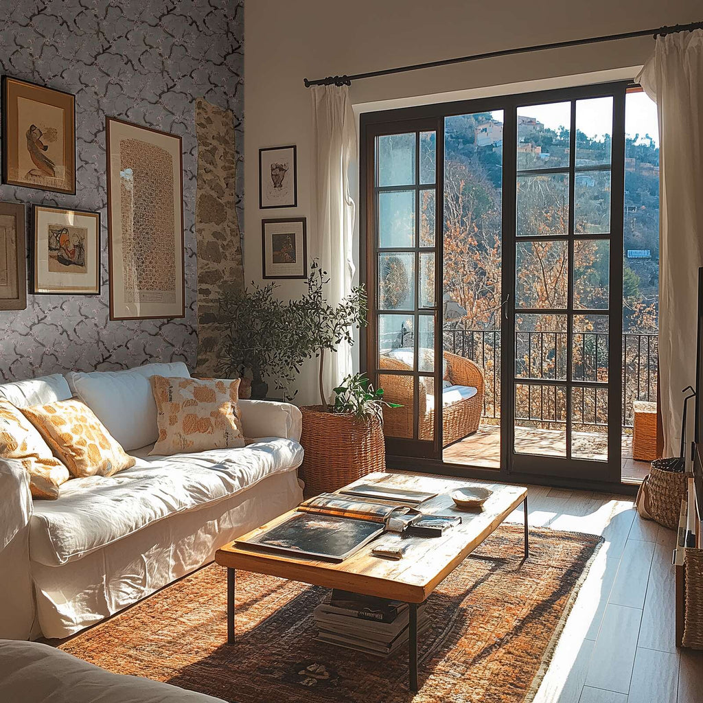 Pelēkas un rozā tapetes ar teksturētu virsmu un ķiršu ziediem - idejas interjerām