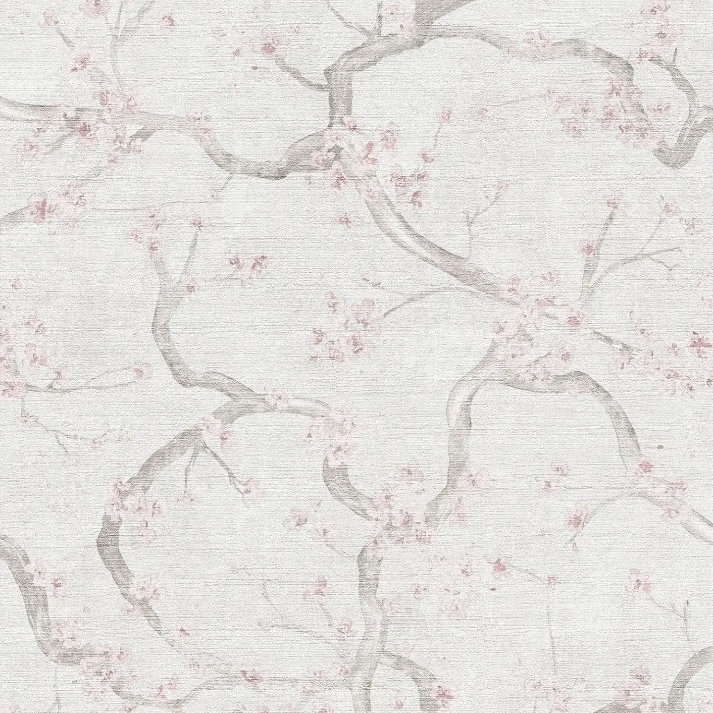 Krēmkrāsas un rozā tapetes ar ķiršu ziedu dizainu un smalku faktūru - vizualizācija interjerā