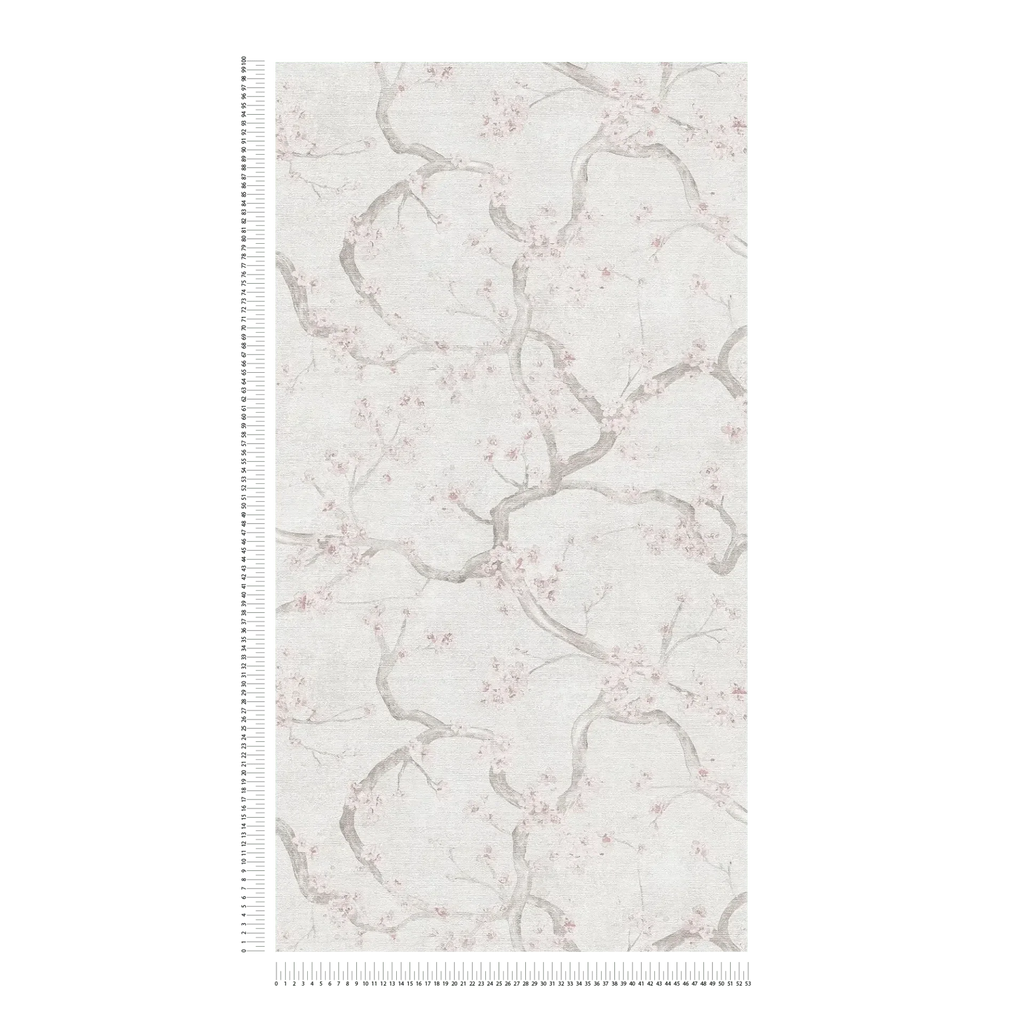 Krēmkrāsas un rozā tapetes ar ķiršu ziedu dizainu un smalku faktūru - idejas interjerām