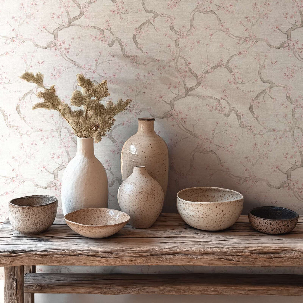 Krēmkrāsas un rozā tapetes ar ķiršu ziedu dizainu un smalku faktūru - viesistabas interjerā