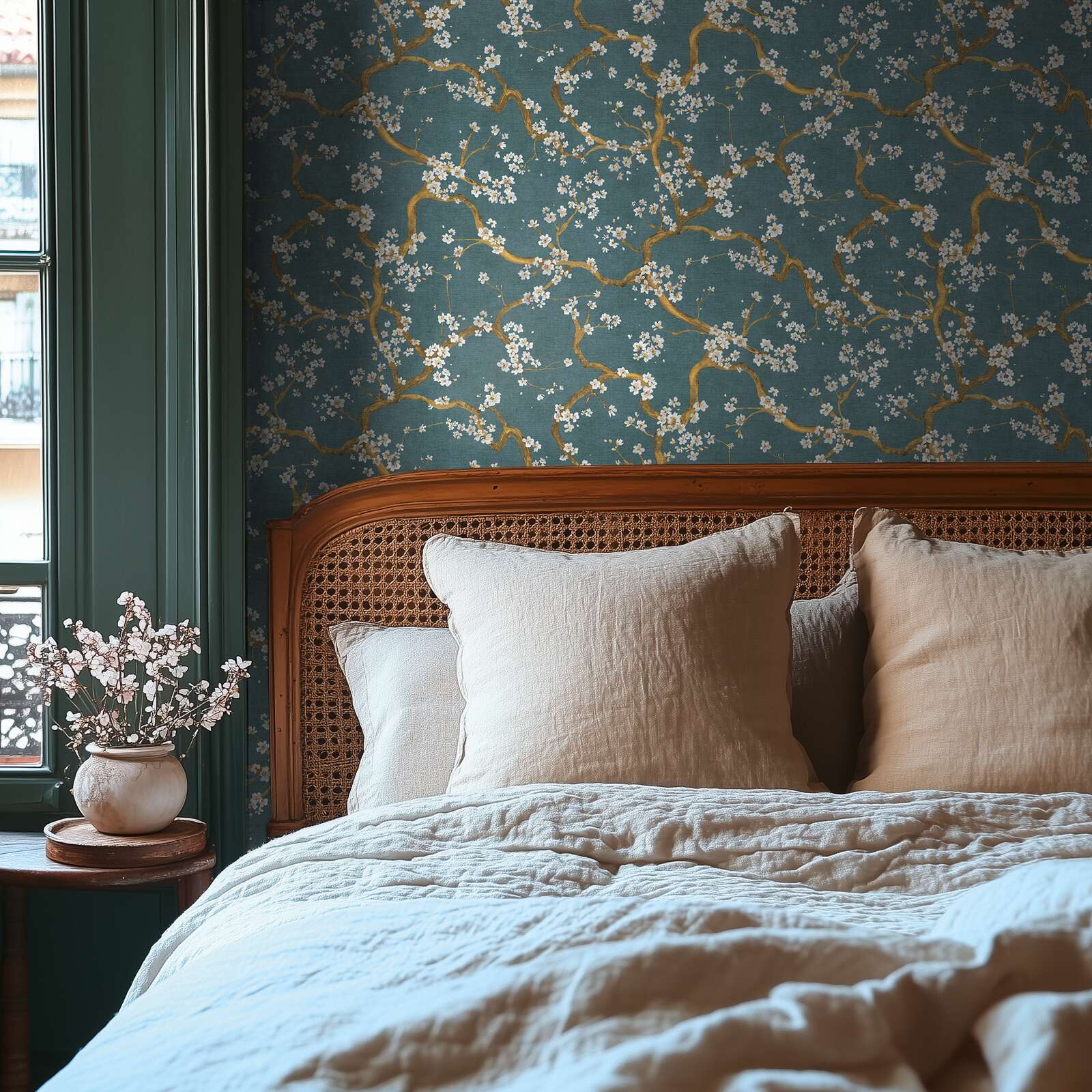 Zilas tapetes ar zelta, krēmkrāsas akcentiem un ķiršu ziedu rakstu - guļamistabas interjerā