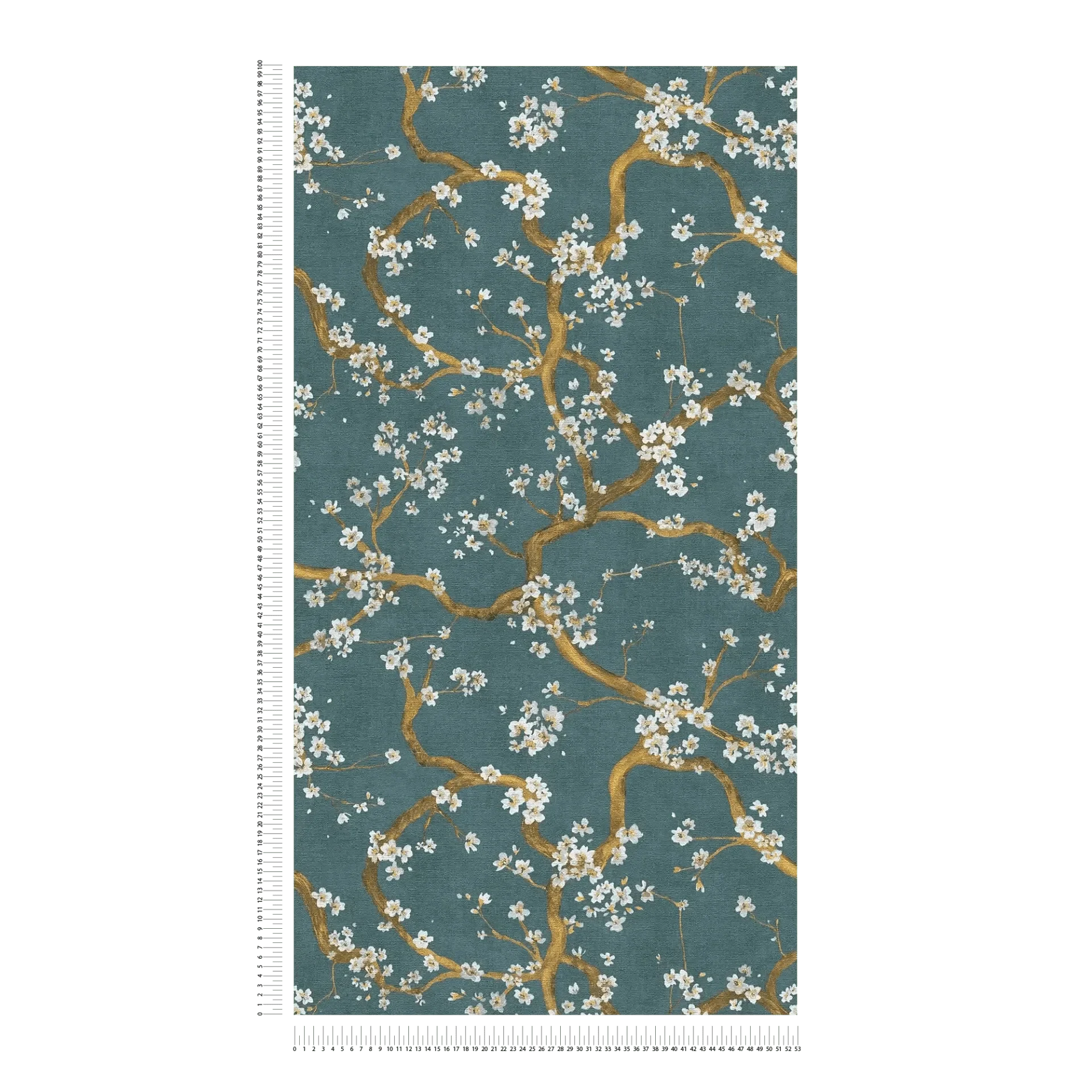 Zilas tapetes ar zelta, krēmkrāsas akcentiem un ķiršu ziedu rakstu - idejas interjerām