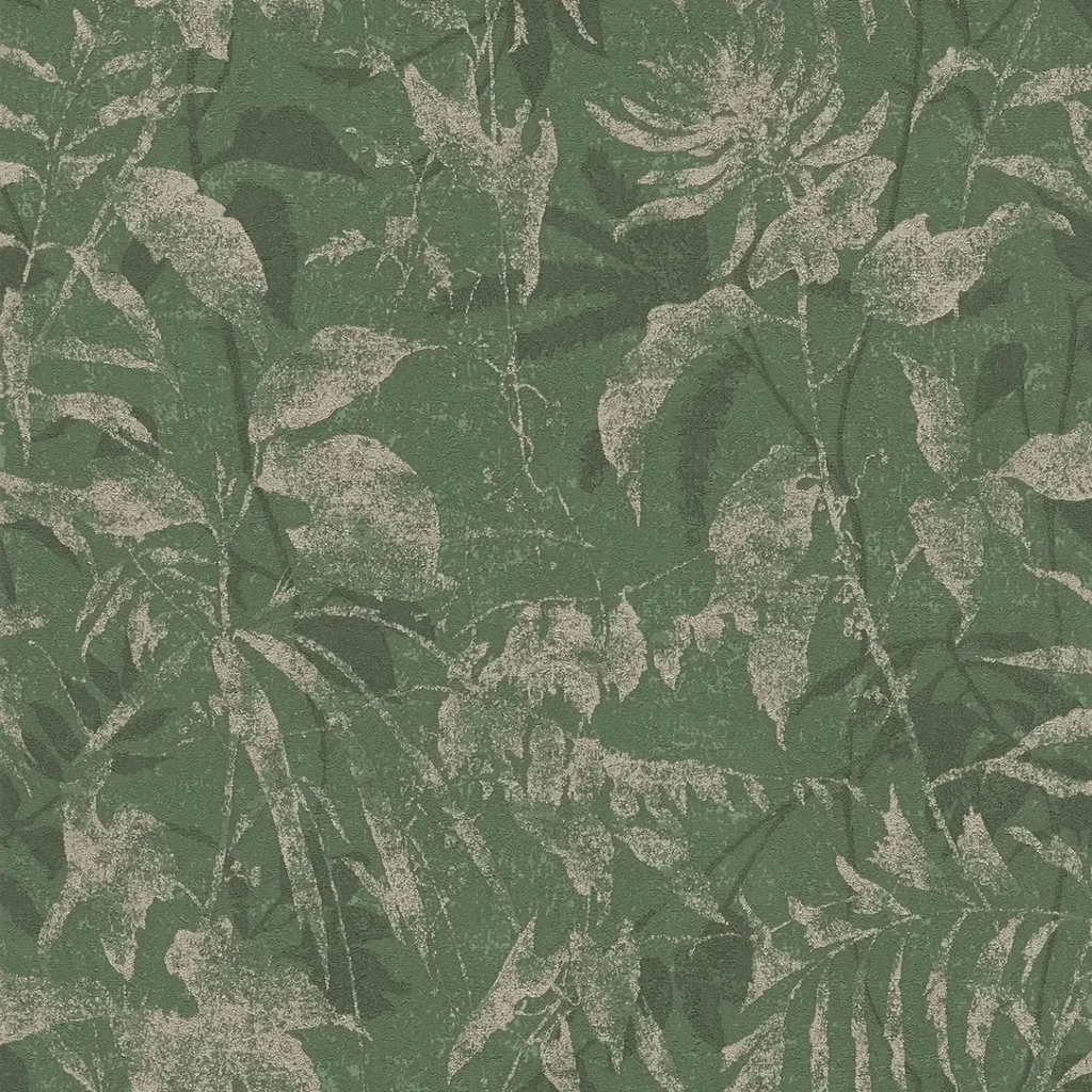 Tropu stila tumši zaļas tapetes ar eksotisku lapu motīvu - kombinācija ar mebelēm