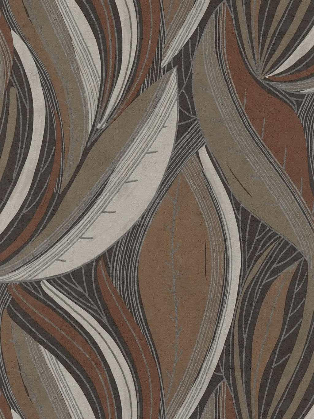 Rudenīgas tapetes ar izteiksmīgu lapu dizainu pelēkbrūnā tonī - vizualizācija interjerā