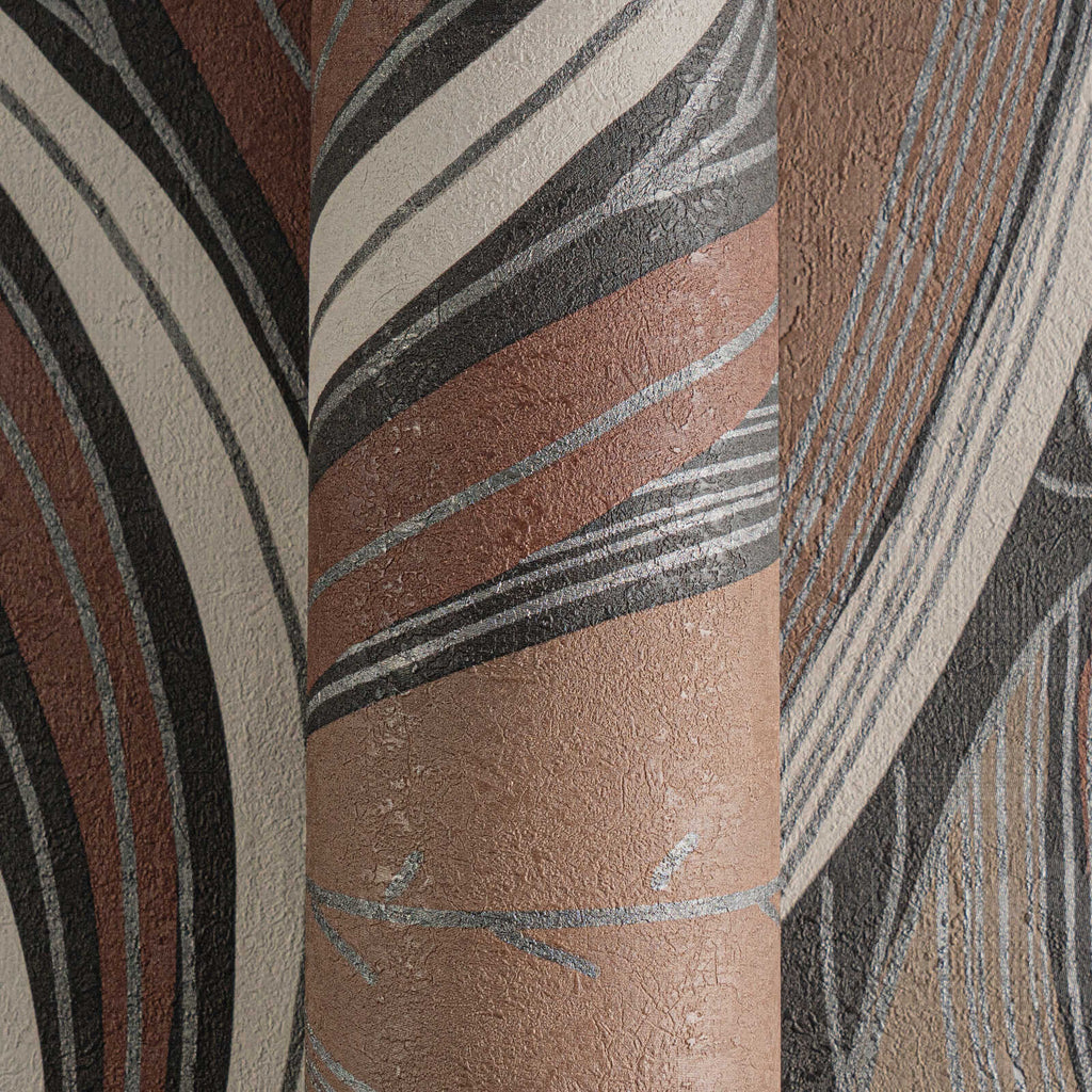 Rudenīgas tapetes ar izteiksmīgu lapu dizainu pelēkbrūnā tonī - idejas interjerām