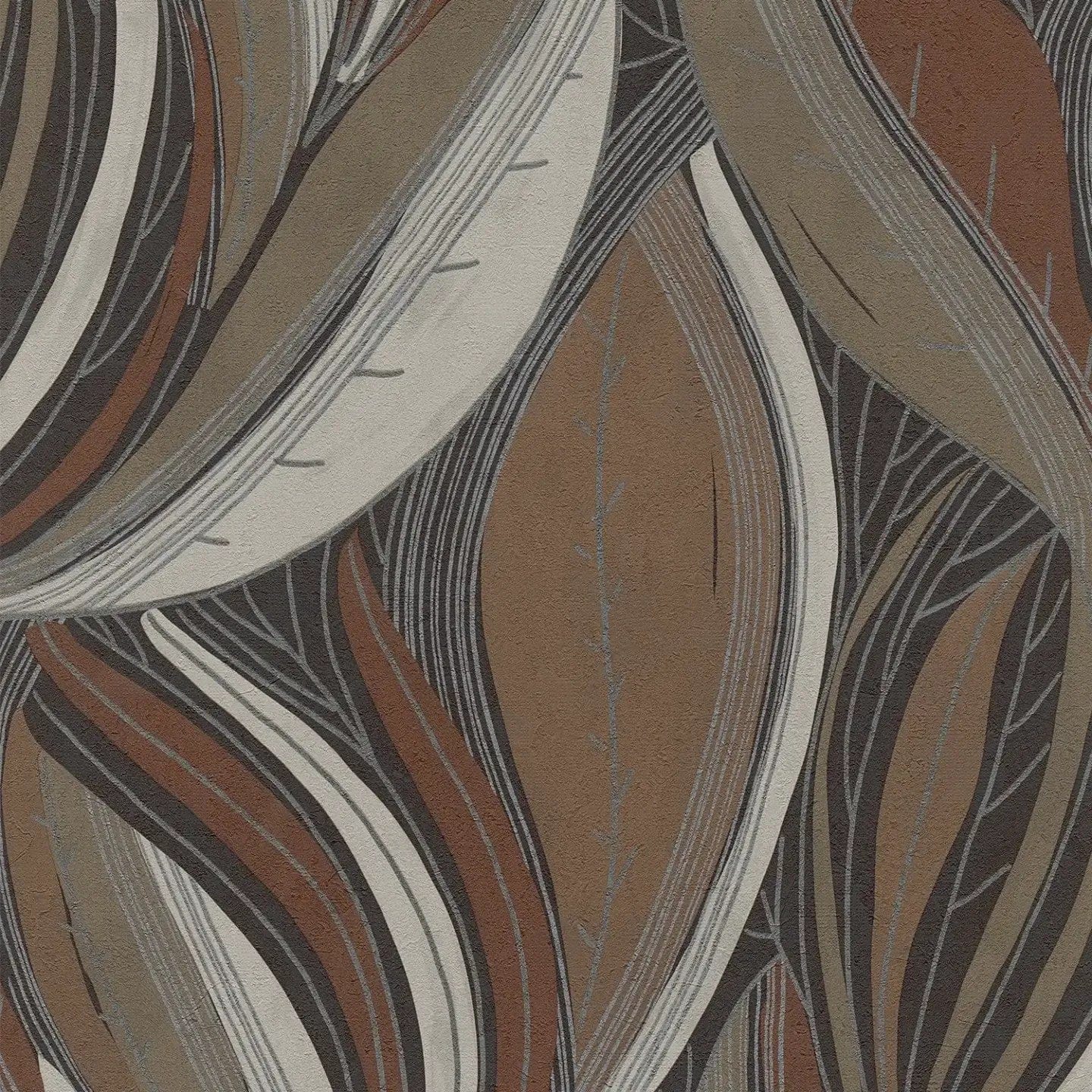 Rudenīgas tapetes ar izteiksmīgu lapu dizainu pelēkbrūnā tonī - viesistabas interjerā