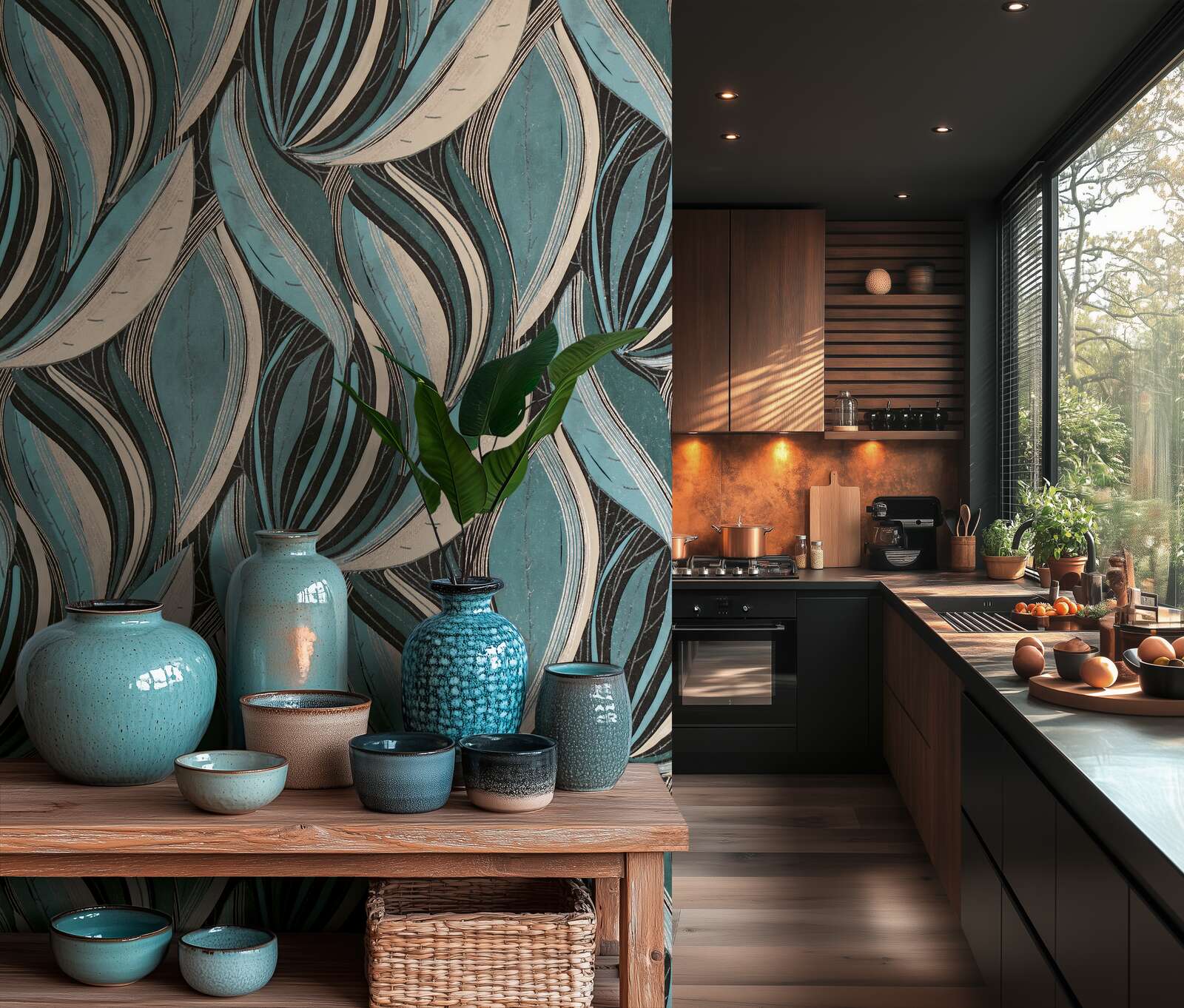 Dramatiskas tapetes ar tumšām lapām zilā un tirkīza gammā - guļamistabas interjerā