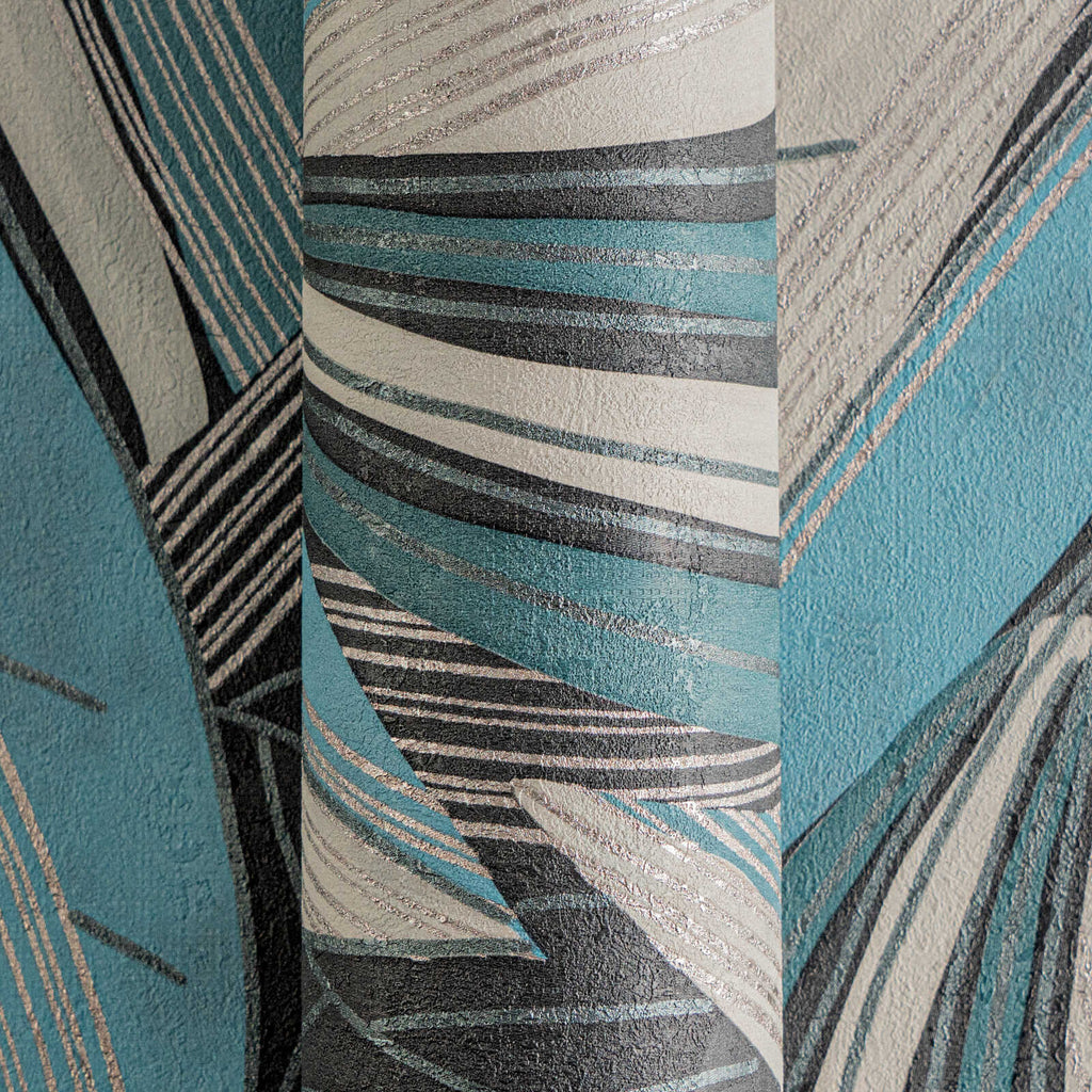 Dramatiskas tapetes ar tumšām lapām zilā un tirkīza gammā - idejas interjerām