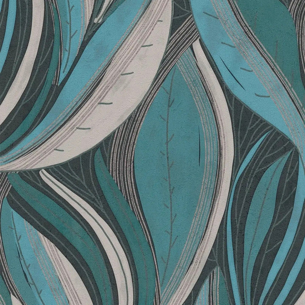 Dramatiskas tapetes ar tumšām lapām zilā un tirkīza gammā - vizualizācija interjerā