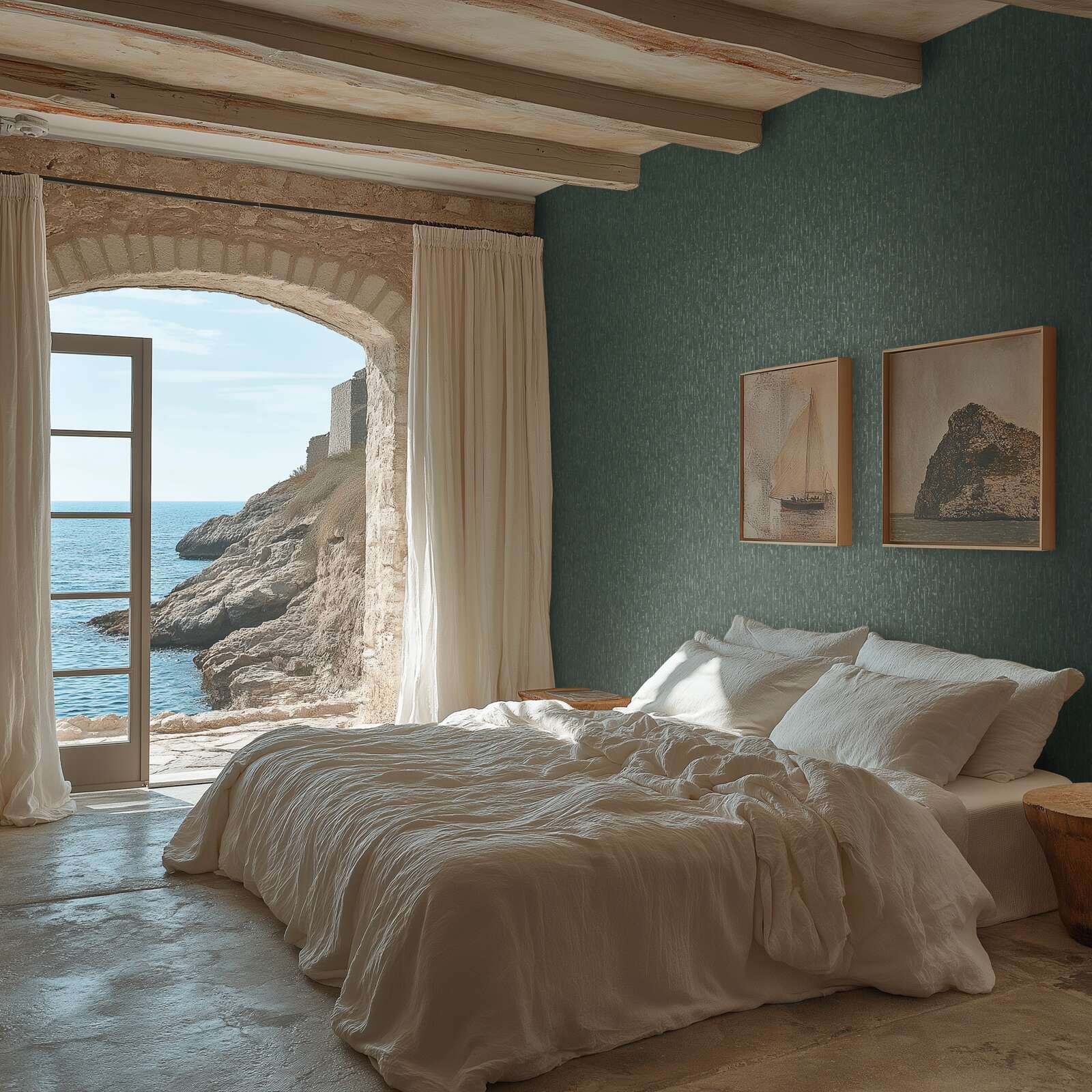 Zaļi zeltainas tapetes ar tumšu austas faktūras dizainu - kombinācija ar mebelēm