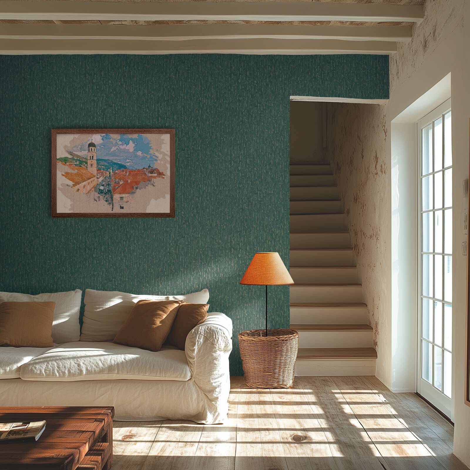 Zaļi zeltainas tapetes ar tumšu austas faktūras dizainu - idejas interjerām