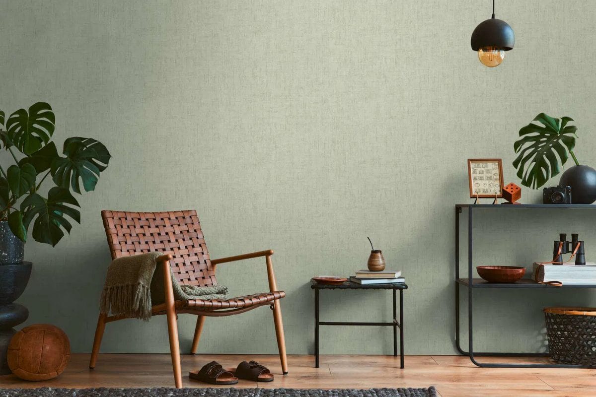 Salvijas zaļas tapetes ar smalku lina tekstūru un spīdumu | 3007656