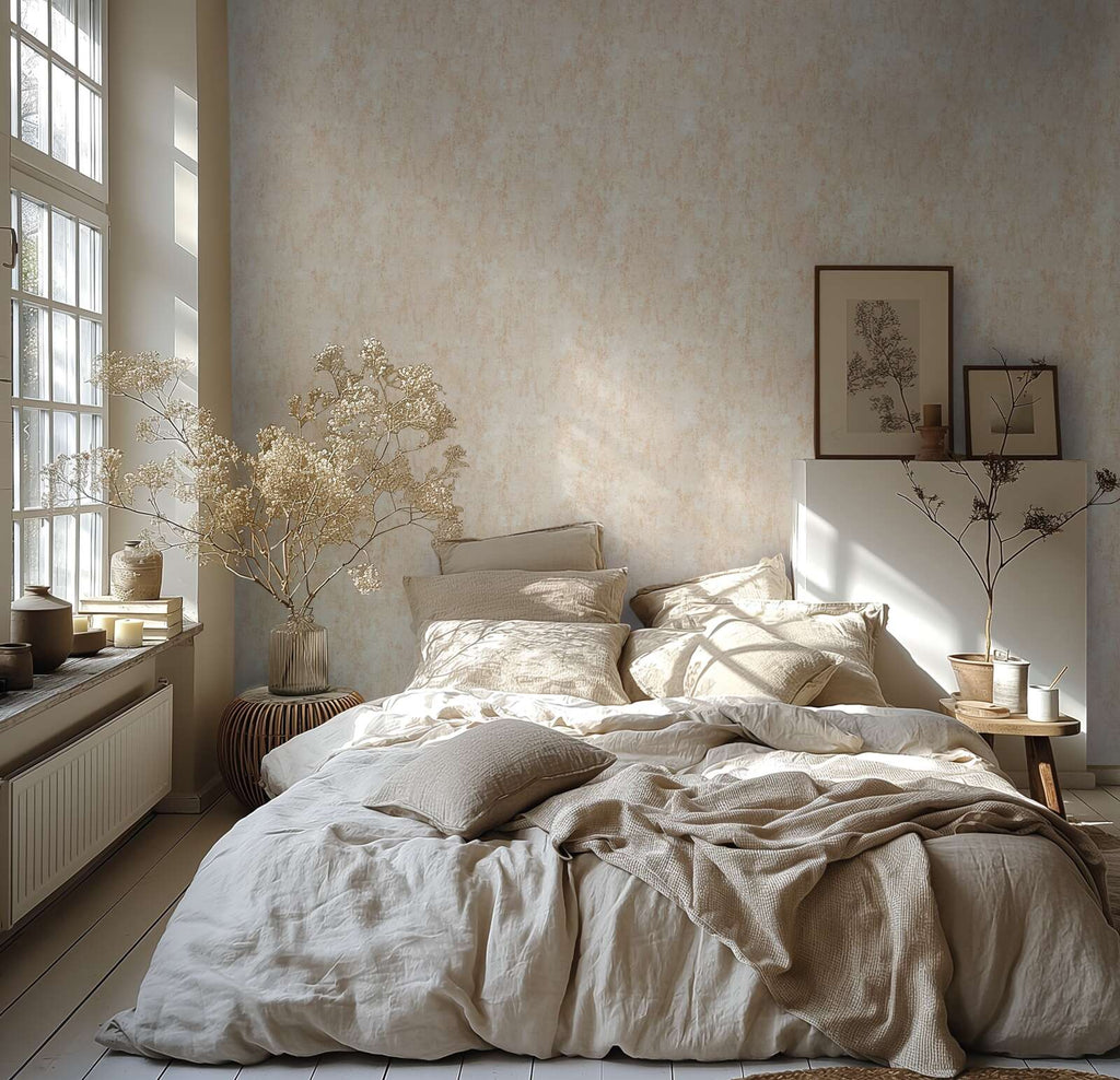 Teksturētas apmetuma efektu tapetes siltā smilškrāsā - guļamistabas interjerā