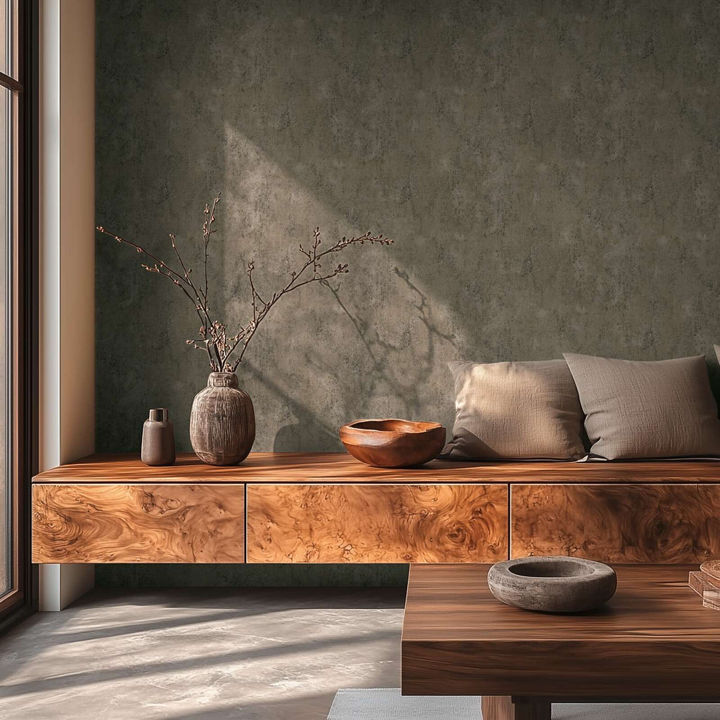 Brūnas tapetes ar teksturētu apmetuma virsmu - istabas interjerā