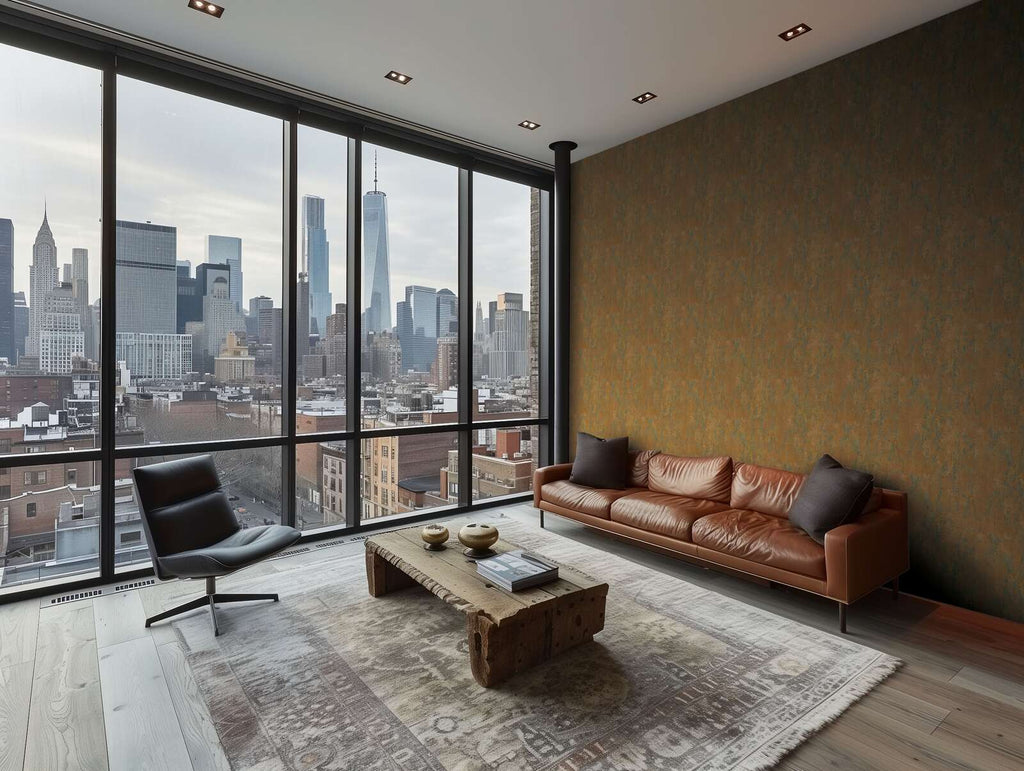 Oranžas tapetes ar dabisku apmetuma izskatu - idejas interjerām