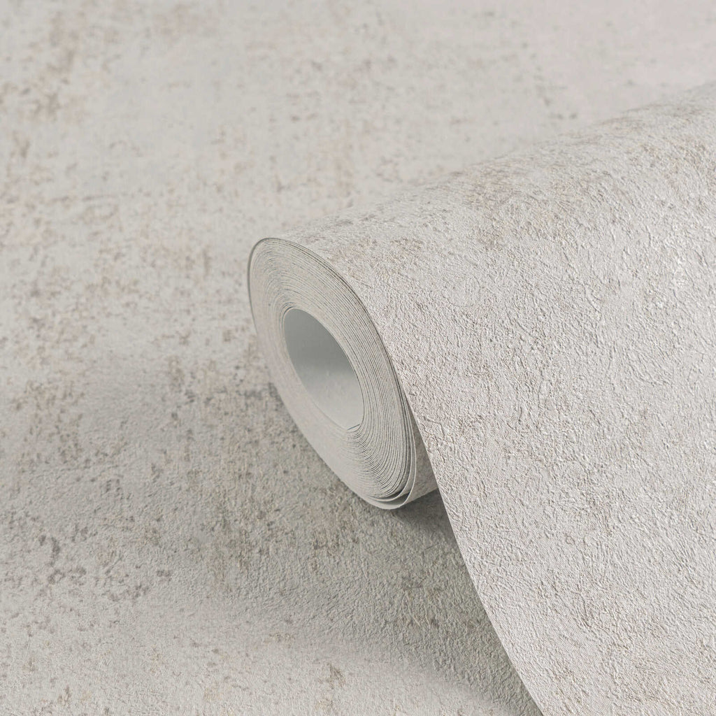 Modernas pelēkbrūnas un pelēkas apmetuma stila tapetes ar matētu apdari - vizualizācija interjerā