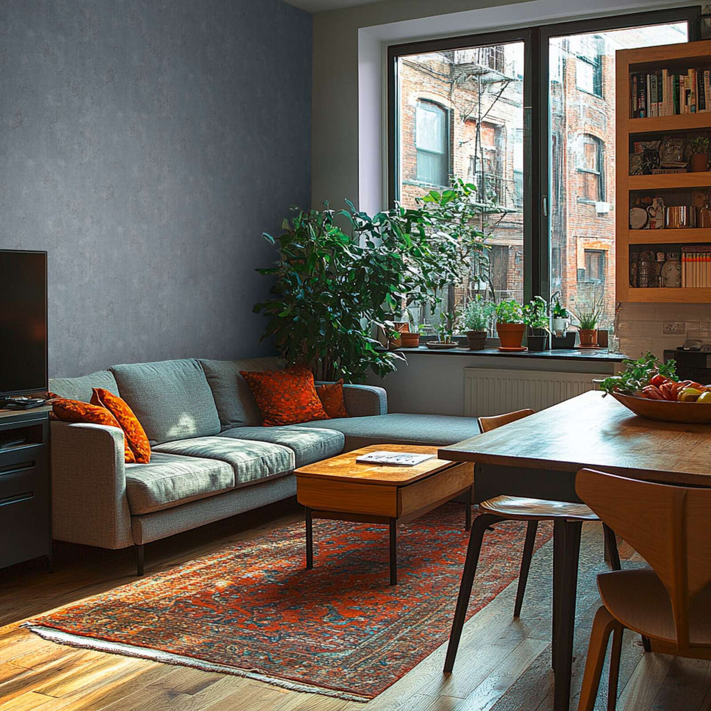 Zilas krāsas tapetes ar apmetuma efektu - viesistabas interjerā