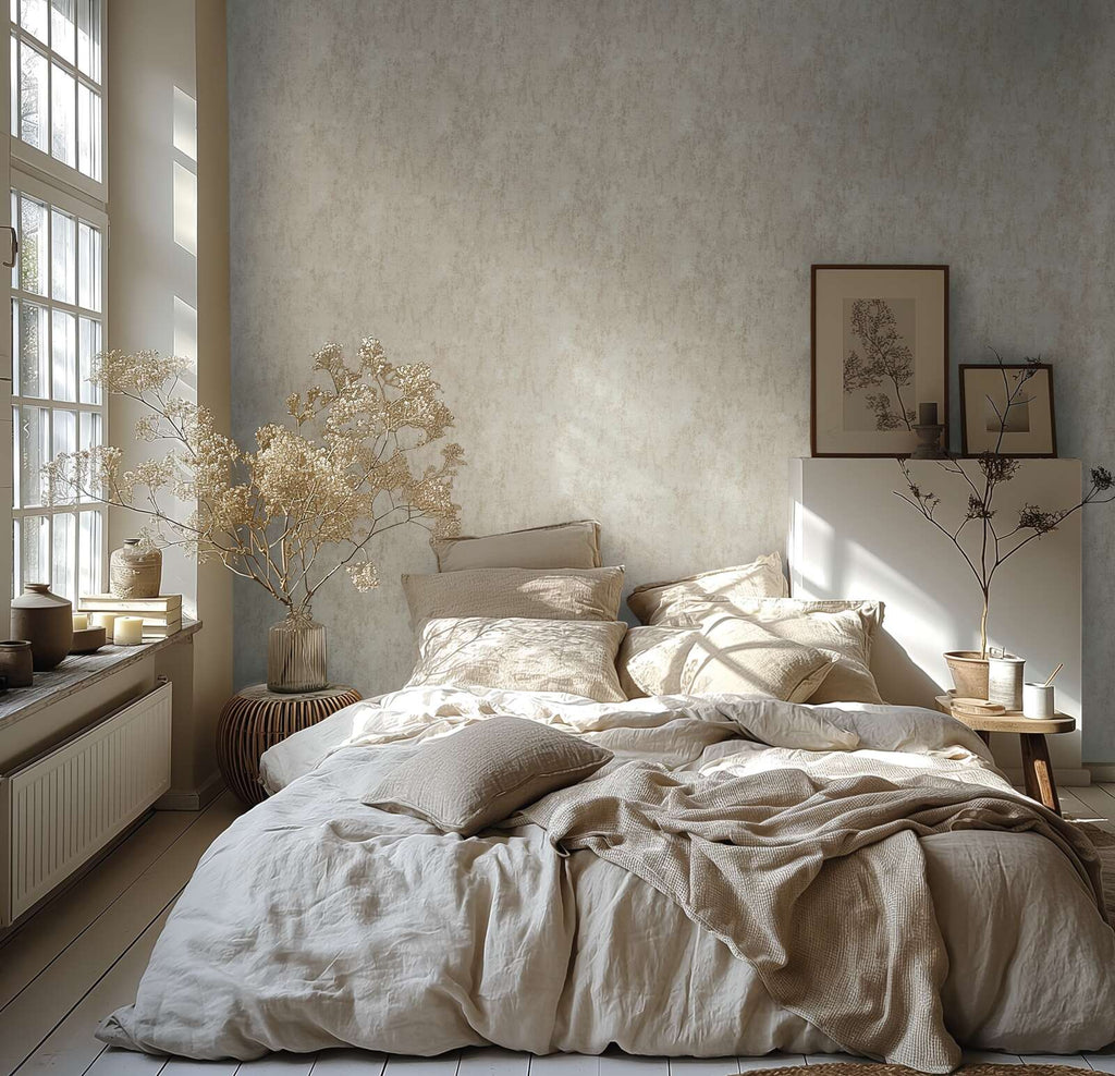 Neaustas tapetes ar apmetuma efektu krēmīgā bēšā tonī - vizualizācija interjerā