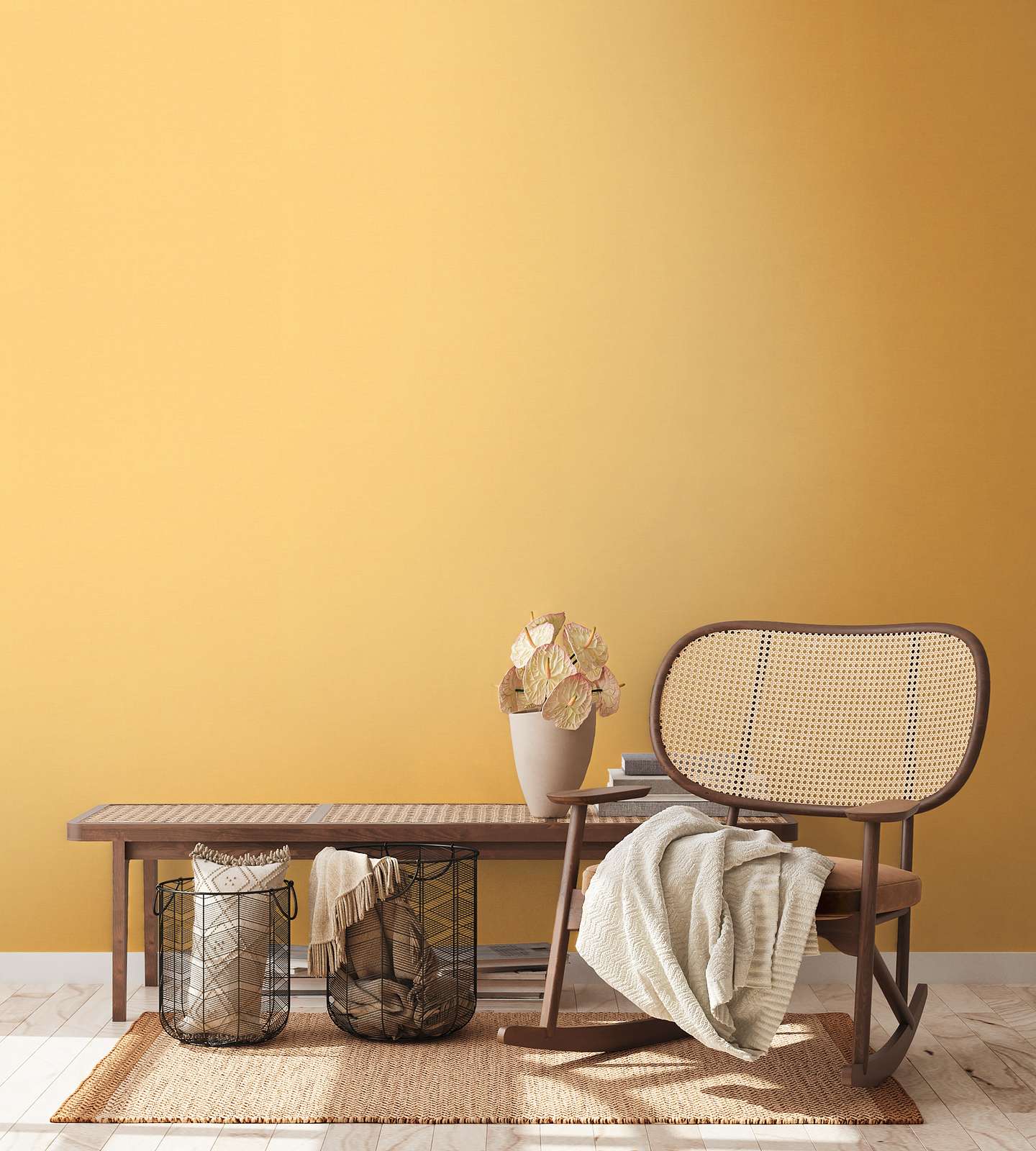 Dzeltenas tapetes ar smalku lina faktūru - kombinācija ar mebelēm