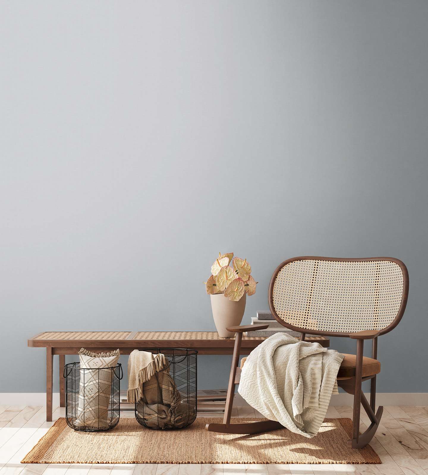 Pelēkas vienkrāsainas tapetes ar lina struktūru - kombinācija ar mebelēm