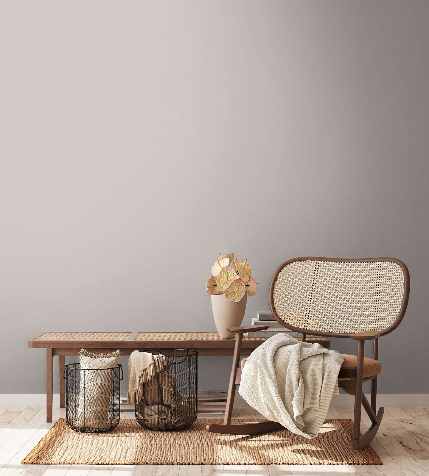 Vienkrāsainas tapetes taupe tonī ar lina struktūras rakstu - vizualizācija interjerā