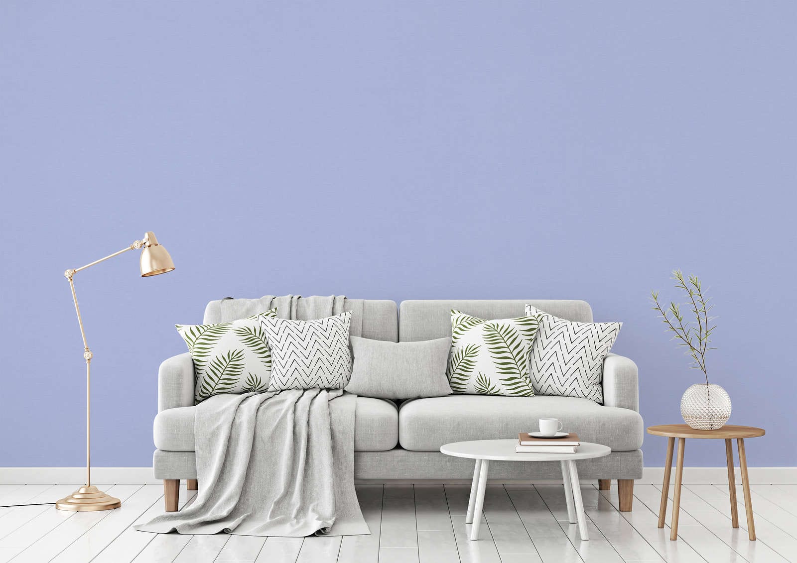 Zilas tapetes ar lina tekstūras virsmu - vizualizācija interjerā