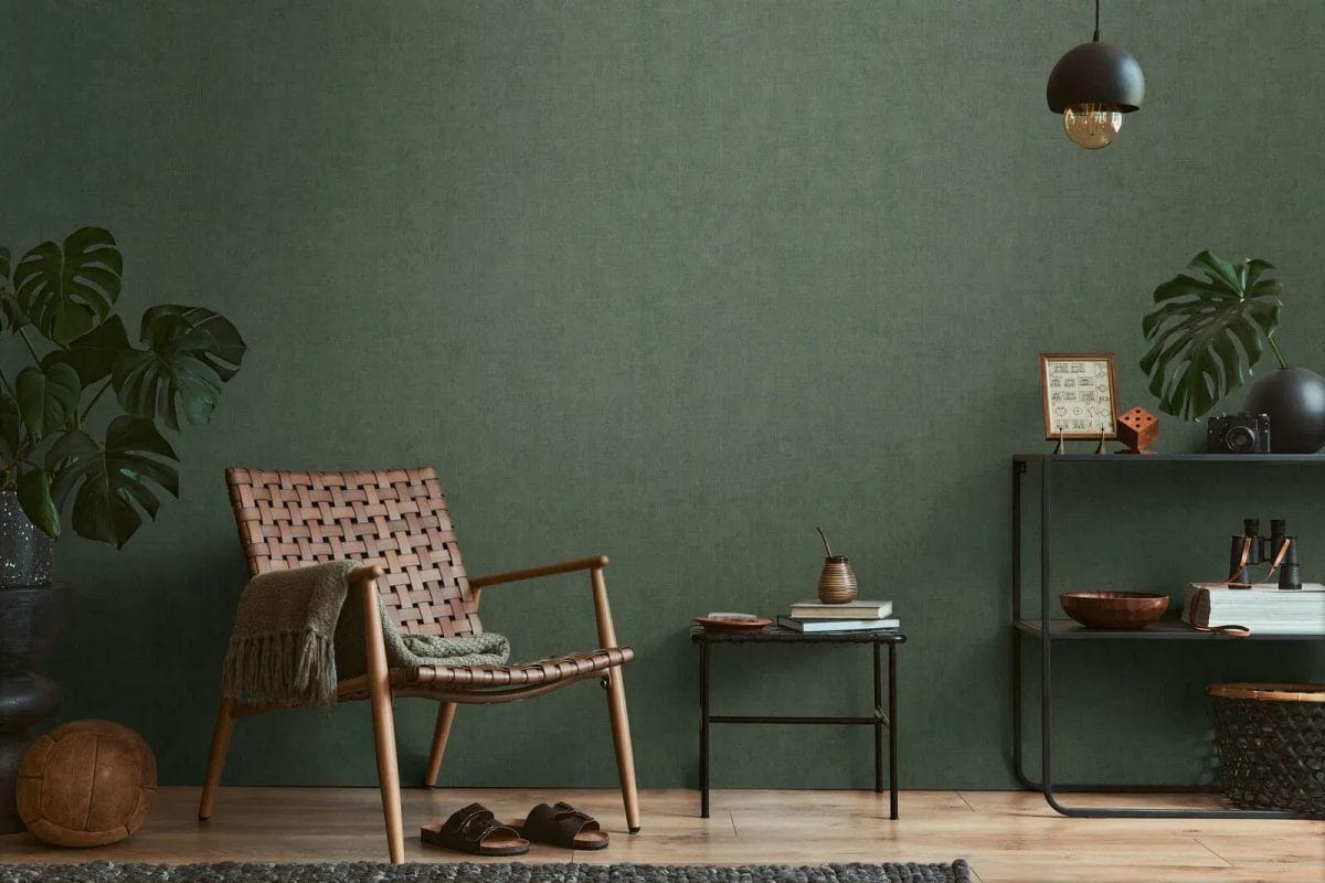 Tumši zaļas tapetes ar auduma izskatu un maigu mirdzumu | 3007660